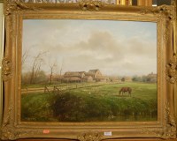 Lot 1016 - J G Mace - Farmyard scene, oil on artists...