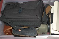 Lot 603 - A box of camera equipment, a pair of...