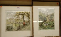 Lot 1052 - Continental coloured etchings on silk, to...