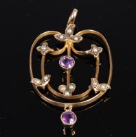 Lot 308 - A 9ct gold, amethyst and seed pearl set...