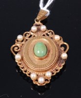 Lot 316 - A 9ct gold green hardstone and seed pearl set...