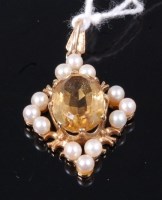 Lot 360 - A 9ct gold, citrine and seed pearl set lozenge...