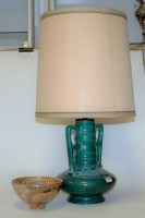 Lot 5 - A 1970s green glazed twin handled pottery lamp...