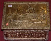 Lot 149 - A 20th century brass slipper box, embossed...