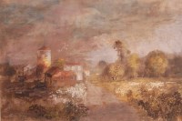 Lot 213 - Gordon Davey - Landscape with buildings at...