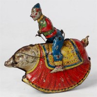 Lot 3106 - Tinplate and clockwork pig with circus clown...