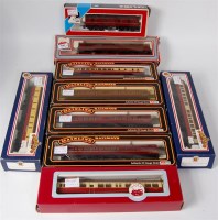 Lot 841 - 9 BR red/cream and maroon coaches by Mainline,...