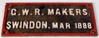 Lot 60 - Cast iron Great Western Railway makers plaque...