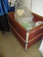 Lot 783 - * BBC costume skip, 6 storage bins, garment...
