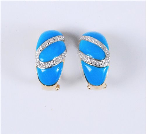 Lot 2589 - A pair of 14ct diamond and turquoise enamel...