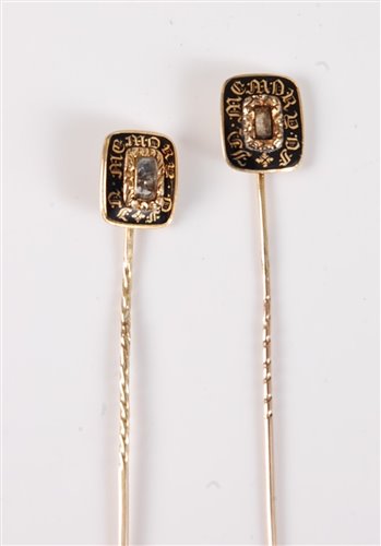 Lot 2534 - Two 19th century mourning stick pins: a...