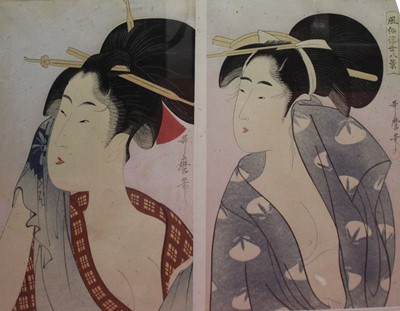 Lot 1047 - A Japanese triptych of portrait wood block...