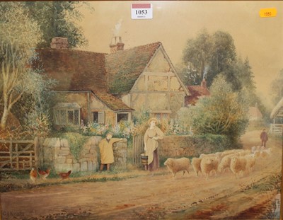 Lot 1053 - CJ Keats - Driving sheep on a country lane,...