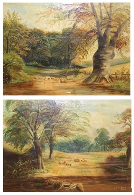 Lot 1061 - B Bradford - Sheep in a landscape, pair, oil...