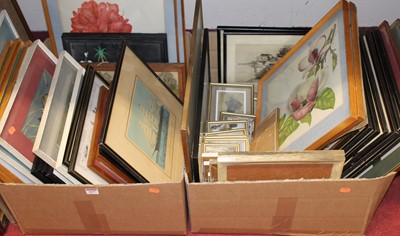 Lot 1077 - Two boxes of assorted pictures and prints,...