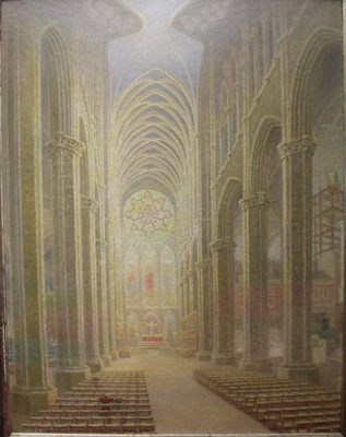 Lot 1085 - E Costin - Cathedral interior, oil on mill...