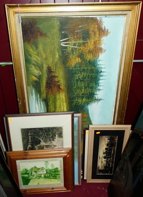 Lot 1097 - Assorted pictures to include landscape oil,...