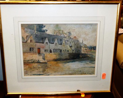 Lot 1105 - MM Birch - River landscape, watercolour,...