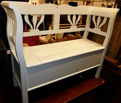 Lot 1302 - A baby blue painted pine two-seat settle,...