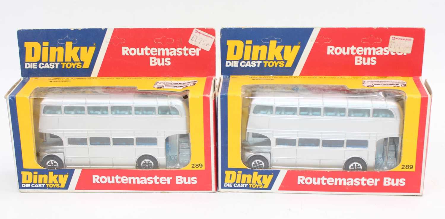 Lot 1057 - Dinky Toys, 2x boxed 289 Routemaster bus with...