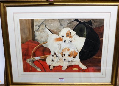 Lot 1014 - Contemporary school - Young pups, watercolour,...