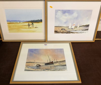 Lot 1055 - Malcolm Austin - Boats at lowtide, watercolour,...