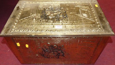 Lot 1364 - A Dutch embossed brass hinge topped fuel depot,...