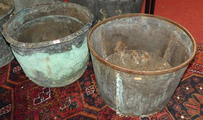 Lot 1407 - Three circa 1900 copper riveted log buckets,...