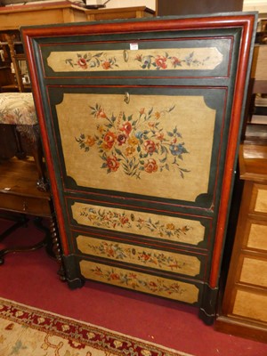 Lot 1249 - A French floral painted secretaire d'abattant,...