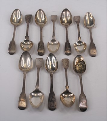Lot 420 - Twelve various silver Fiddle pattern teaspoons,...