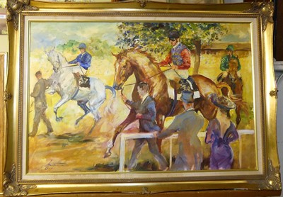 Lot 1001 - Jacquie Jones (b.1961) - Before the off, oil...