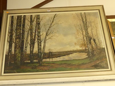 Lot 1021 - CM Richark - River landscape in winter, oil on...