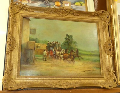 Lot 1023 - A circa 1900 school stage coach scene, oil on...