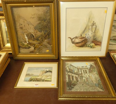 Lot 1037 - D Law - The Watermill, watercolour heightened...