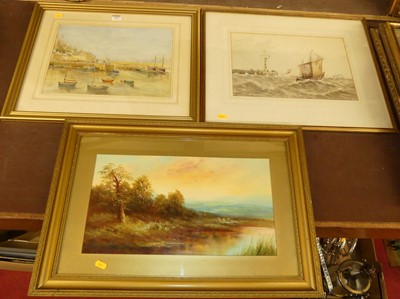Lot 1055 - WS Batcock - Boats in harbour, watercolour,...