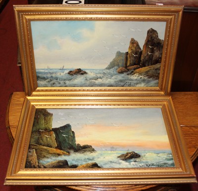 Lot 1101 - T Martin - pair stormy seascapes, oil on card,...
