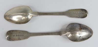 Lot 2076 - Two George IV Irish silver dessert spoons, in...