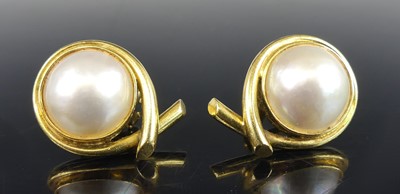 Lot 2833 - A pair of 18ct yellow gold mabé pearl earrings,...