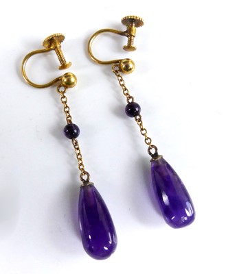 Lot 2871 - A pair of Edwardian 9ct gold and amethyst ear...
