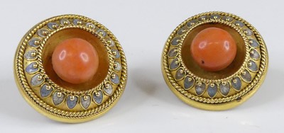 Lot 2951 - A pair of 9ct gold coral and enamel ear studs,...