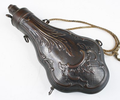 Lot 689 - A horn powder flask, having plated mounts, the...
