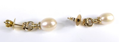 Lot 2683 - A pair of 18ct gold cultured pearl and blue...