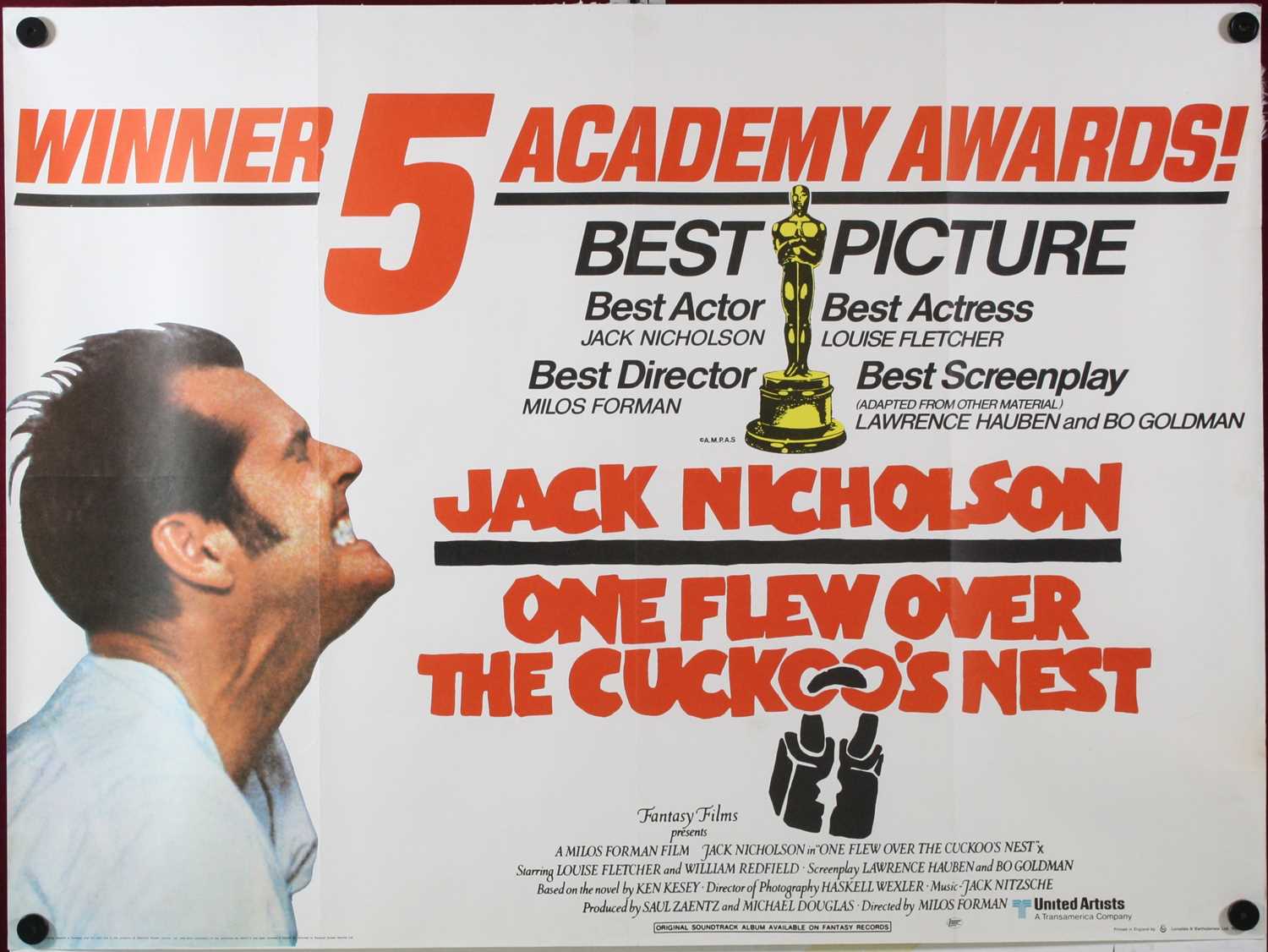 Lot 1031 - One Flew Over The Cuckoo's Nest, 1975, UK quad...