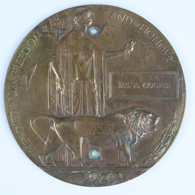 Lot 90 - A WW I bronze memorial plaque, naming Jas. A...