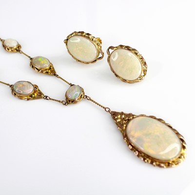 Lot 2160 - A yellow metal opal necklace and earring suite,...