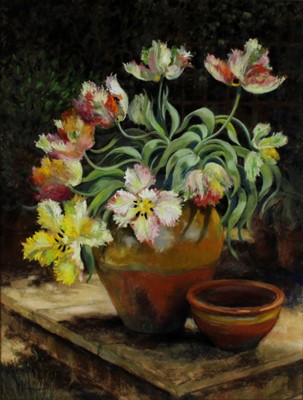 Lot 93 - Maureen Jordan (b.1941) - Parrot tulips in the...