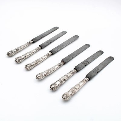 Lot 62 - A set of six Edwardian silver handled knives,...
