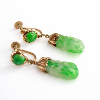 Lot 2220 - A pair of yellow metal and carved jade ear...