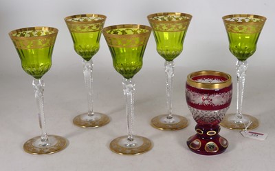 Lot 221 - A set of six wine glasses, each having a lime...