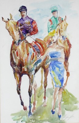 Lot 421 - Jacquie Jones (b.1961), Lady in a blue dress...